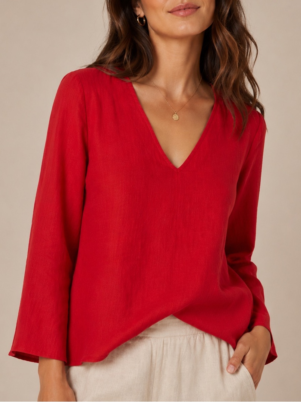 Arkitect Bell Sleeve Linen Top Size S Coral Red Elegant Vacation Resortwear